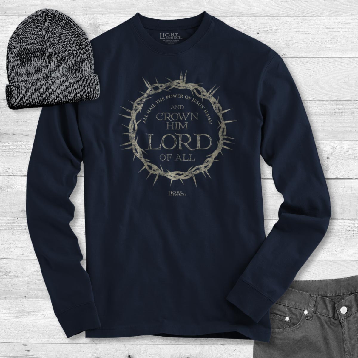 Light Source Mens Long Sleeve T-Shirt Crown Him Lord