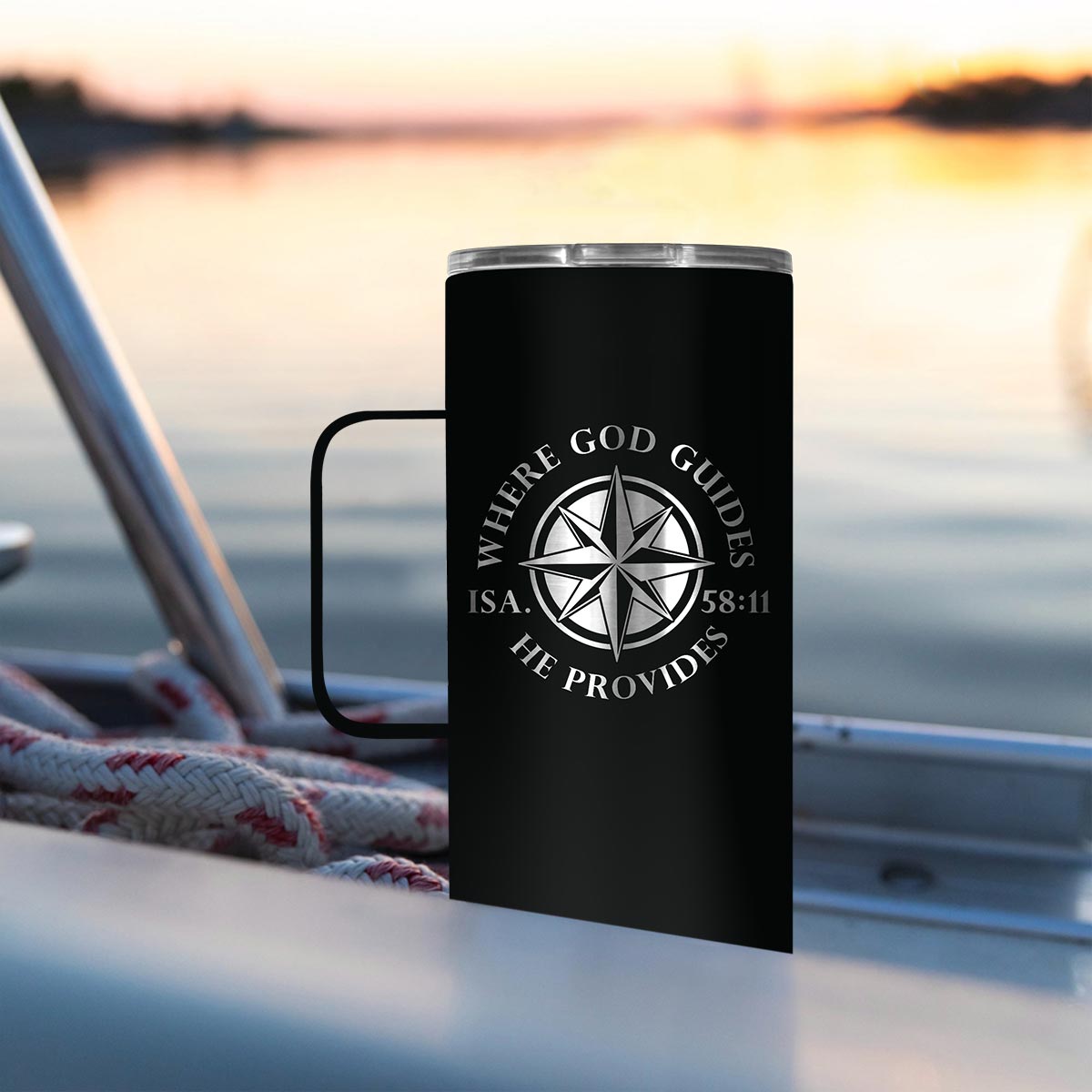 Light Source 22 oz Stainless Steel Mug With Handle Where God Guides