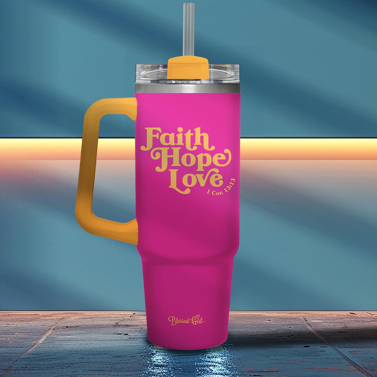 Blessed Girl 30 oz Stainless Steel Mug With Straw Faith Hope Love